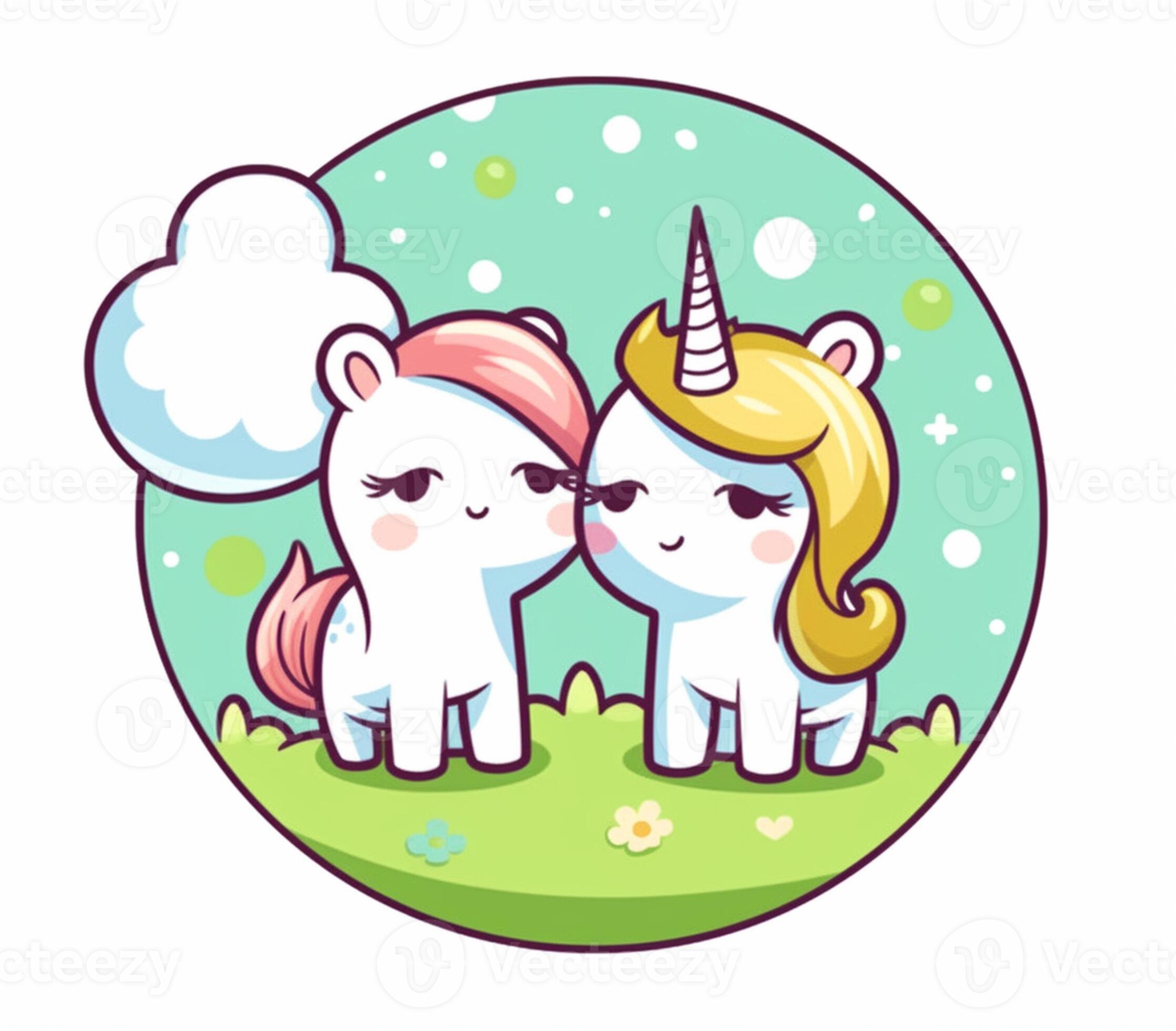 cartoon unicorns kissing in a field with clouds in the background