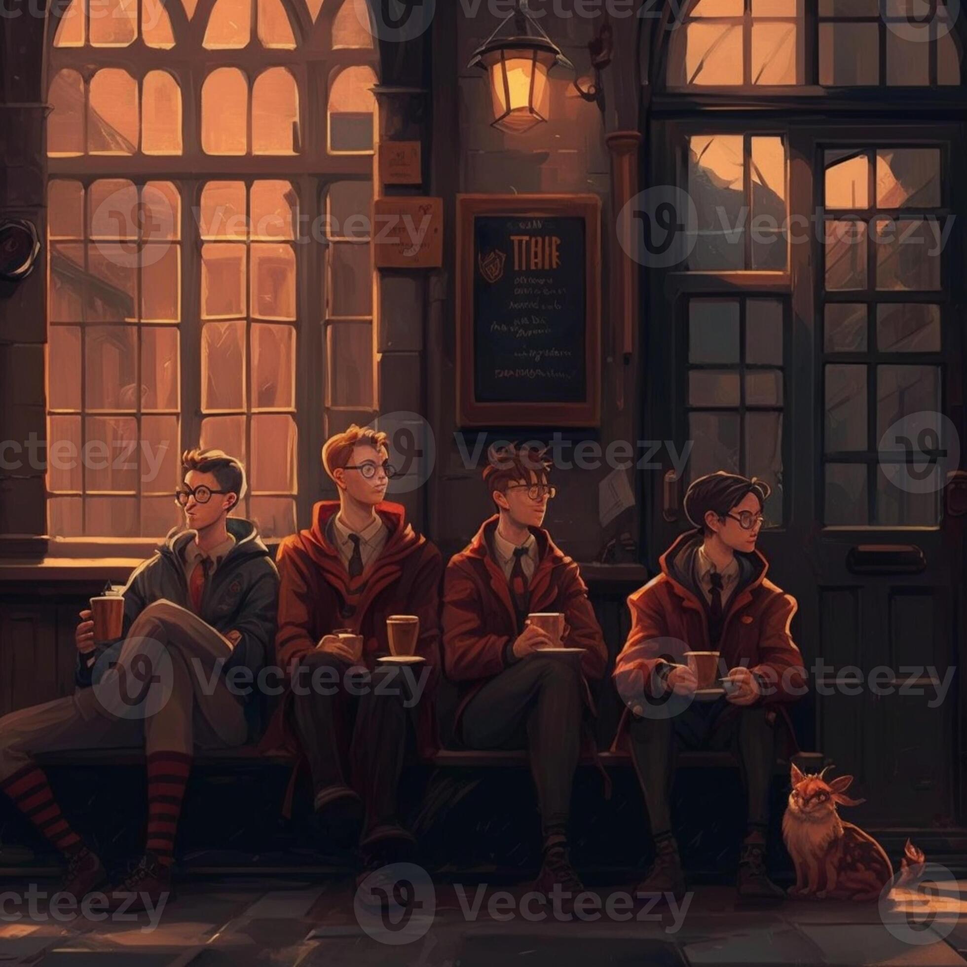 harry potter and his friends sitting on a bench in a pub. generative ai. 28470517 Stock Photo at