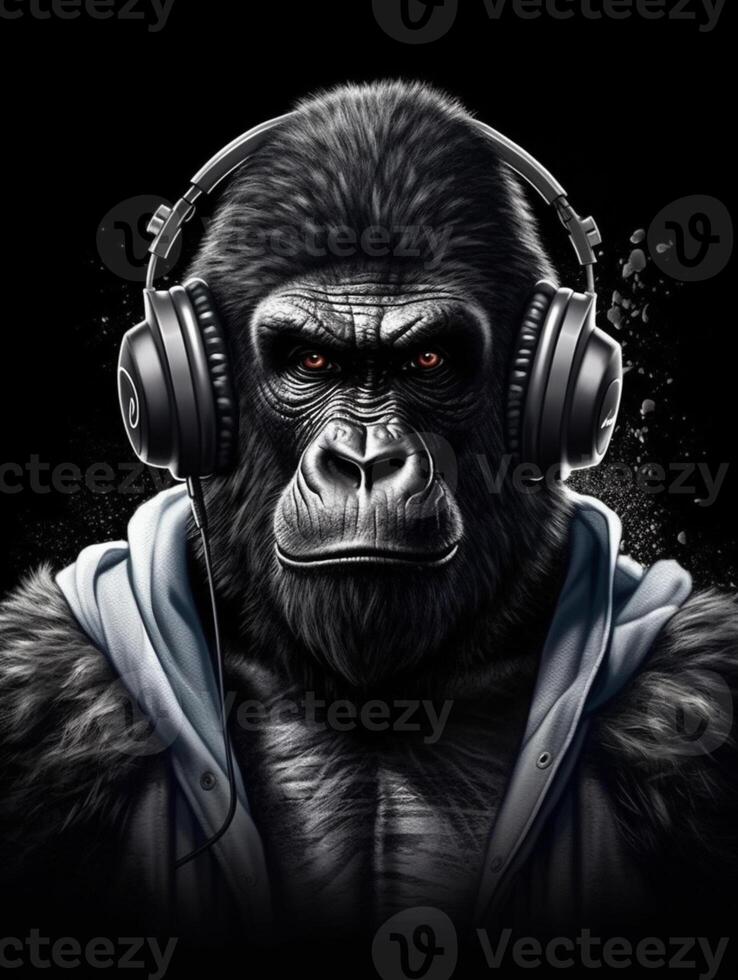 a close up of a gorilla wearing headphones and a hoodie. generative ai