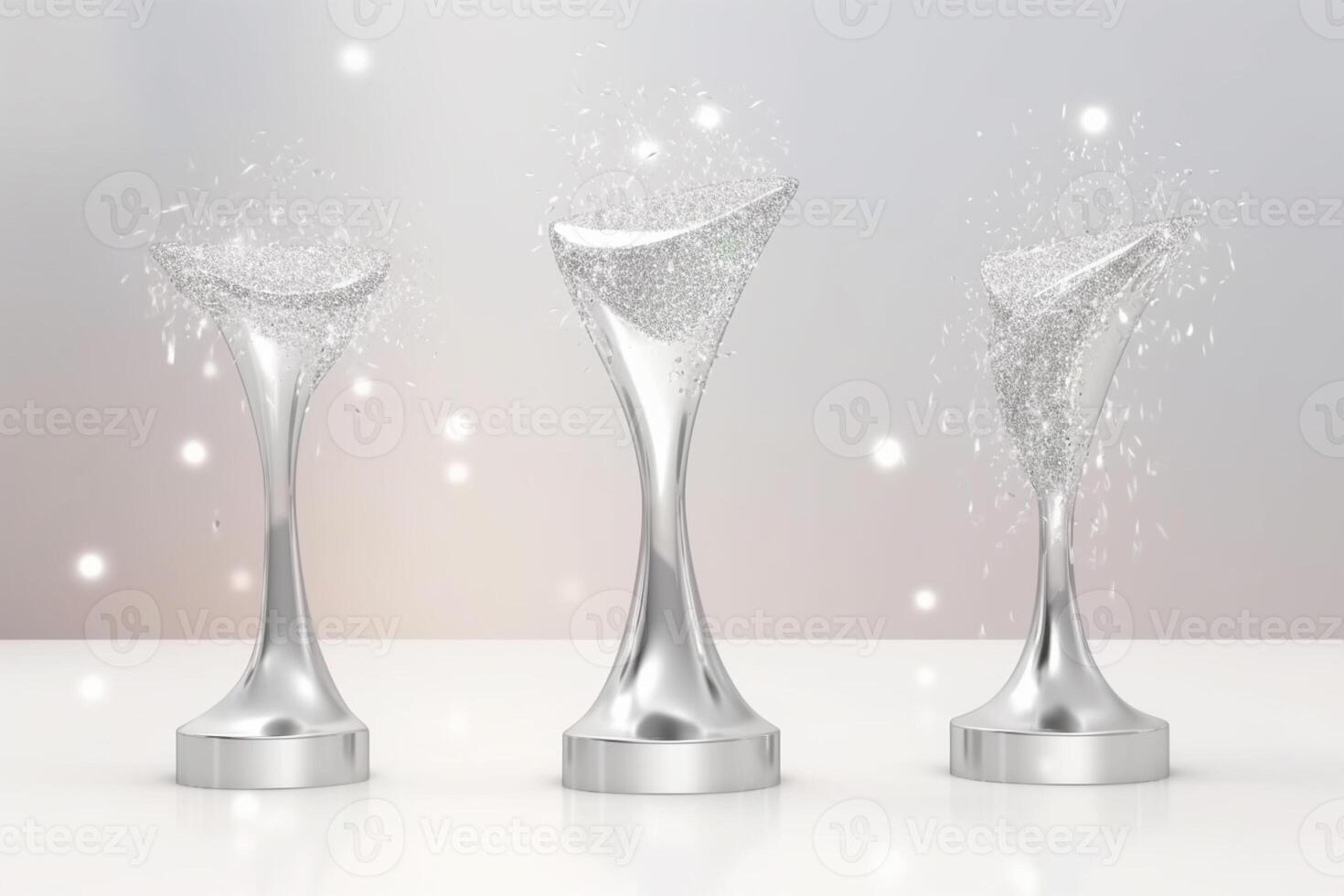 three silver trophies with sparkling sparkles on a white surface