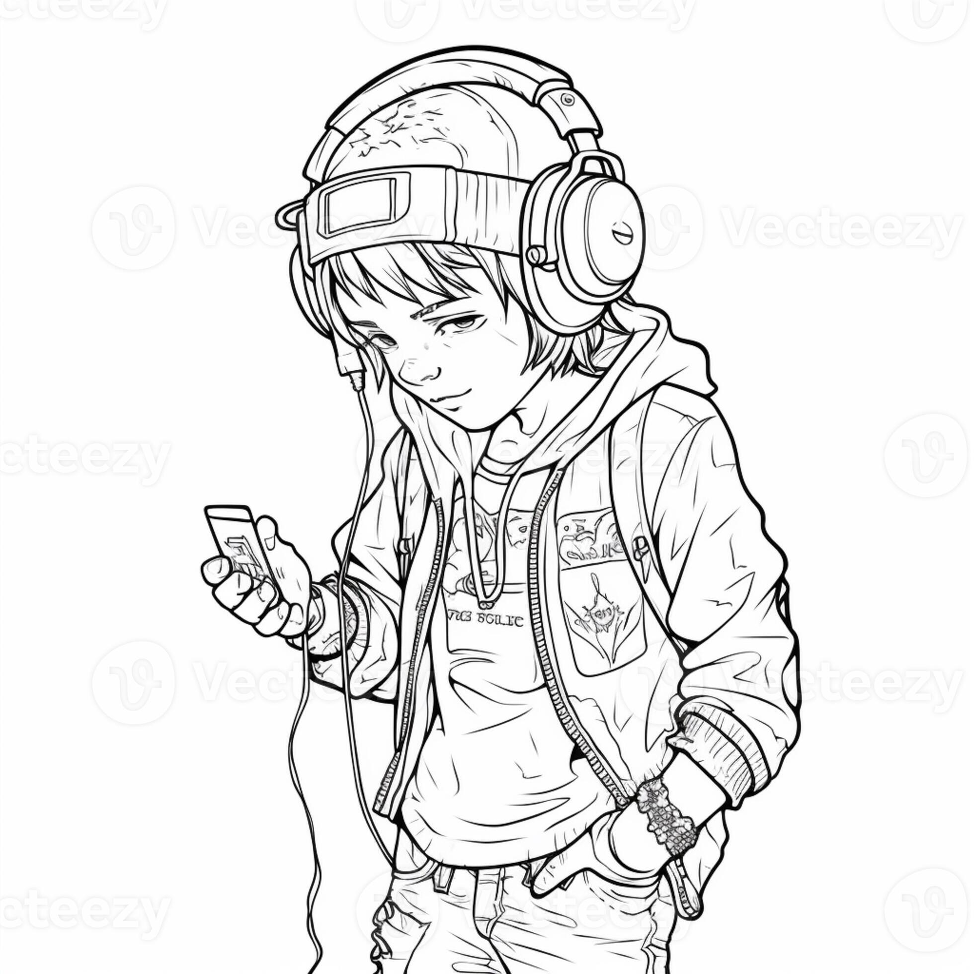 coloring pages of a boy listening to music with headphones. generative