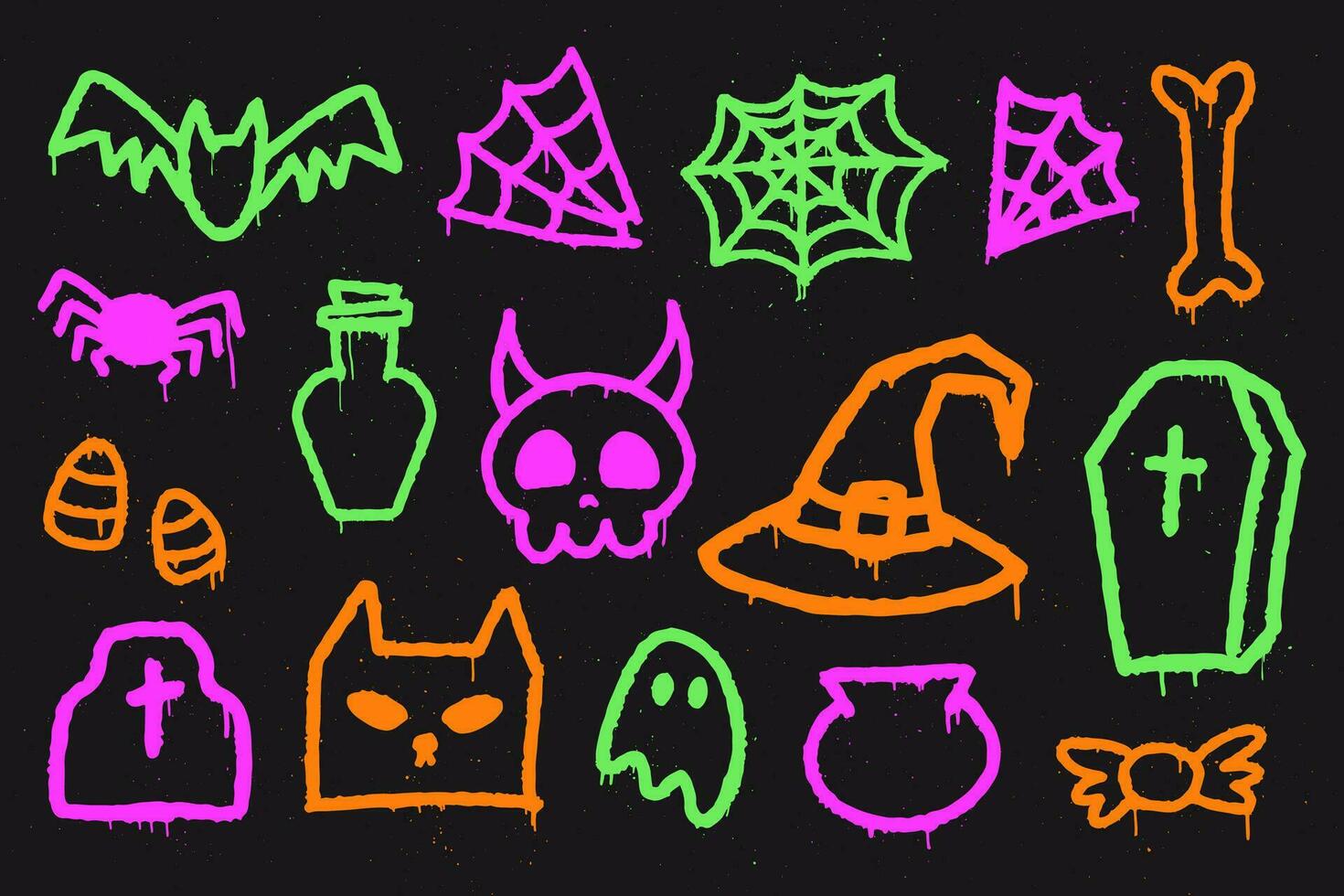 Halloween neon graffiti set. Trendy Y2K urban street style. Splash effects and drops. Grunge and spray texture. Collection of symbols, ghost, cat, witch hat, bat, spider web, skull, bone, candy, pot. vector