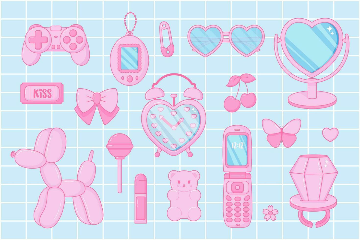 Cute set. Pink women's accessories. Kawaii glamour. Teenage girly style. Nostalgic pinkcore 2000s style. Lipstick, glasses, ticket, lollipop ring, jelly bears gummy, flip phone. vector
