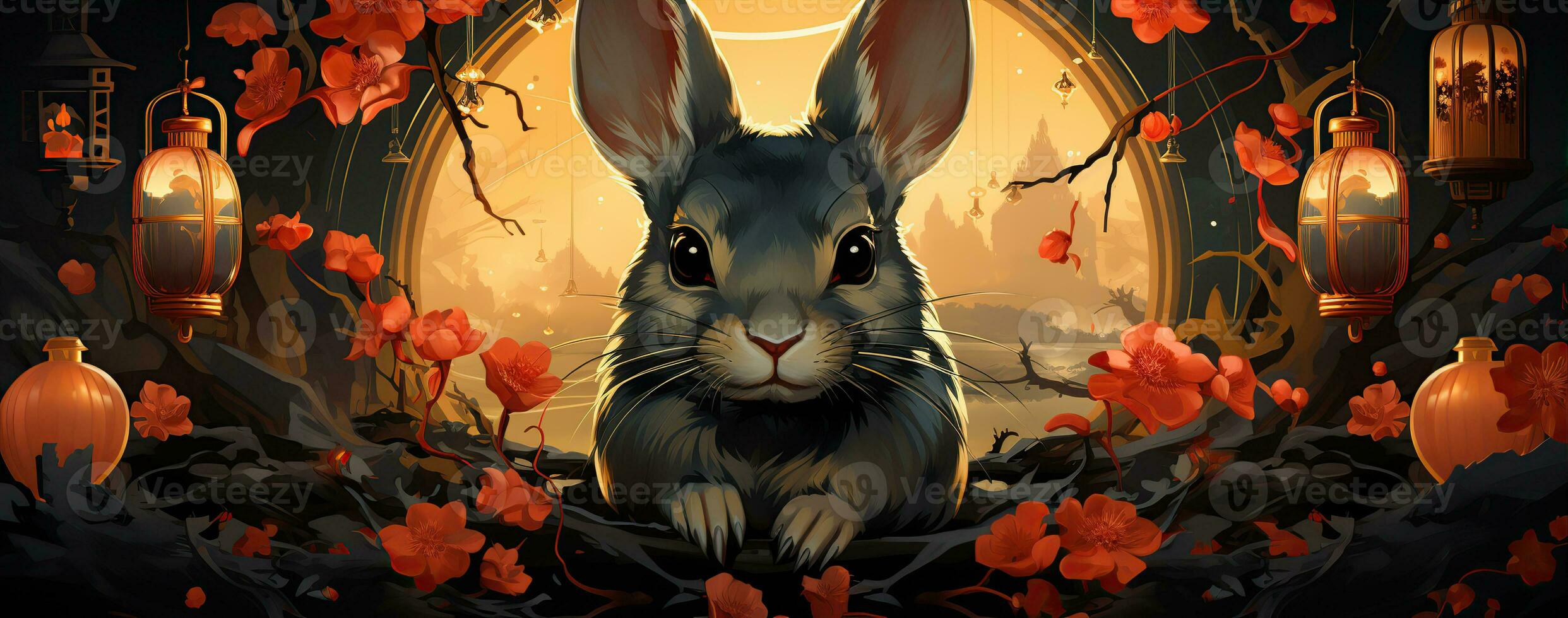 Chinese new year of the rabbit on red colours. Created with Generative AI photo