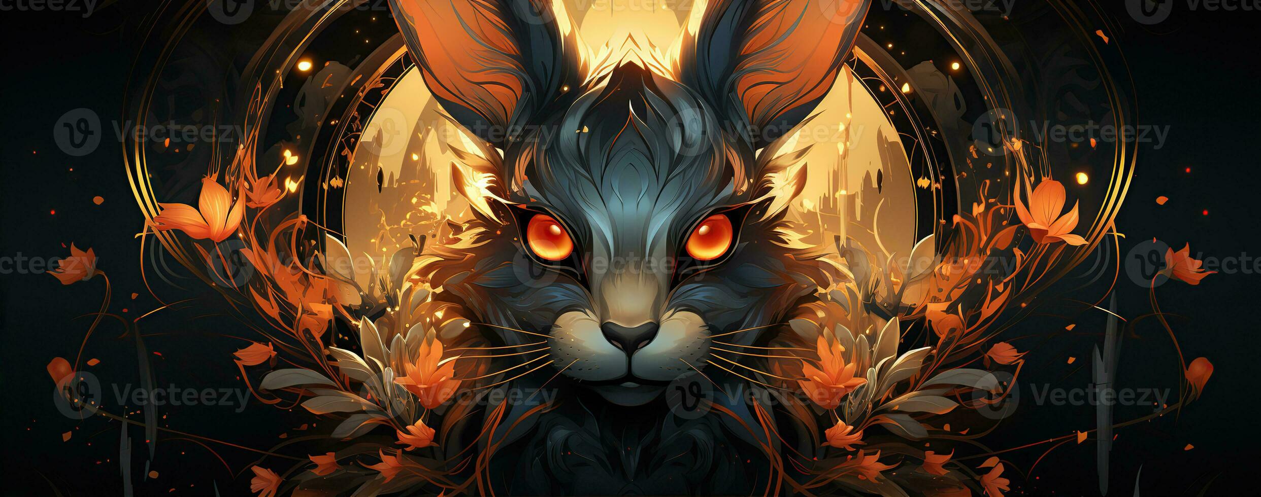 Chinese new year of the rabbit on red colours. Created with Generative AI photo