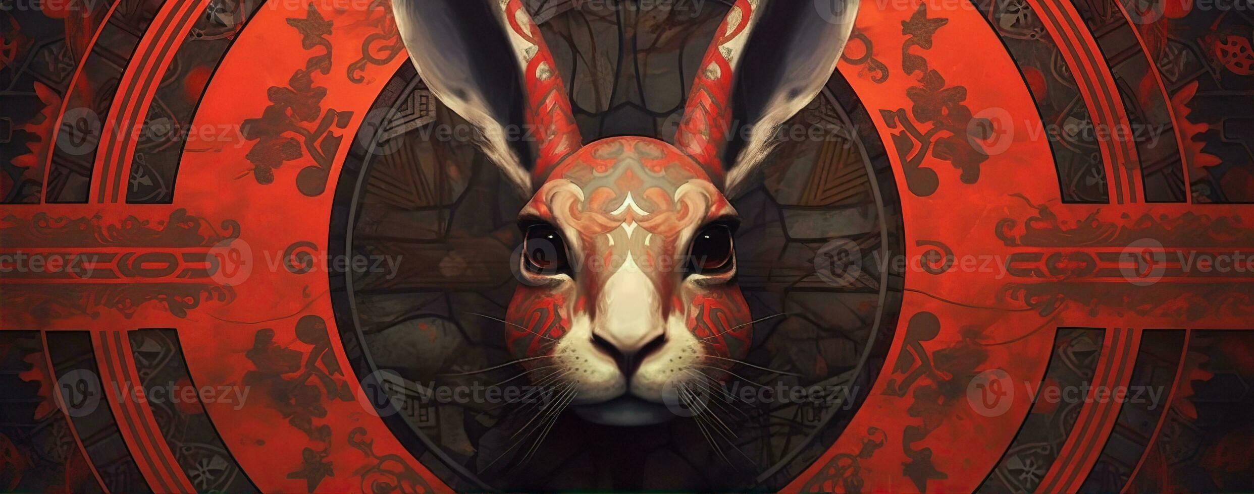 Chinese new year of the rabbit on red colours. Created with Generative AI photo