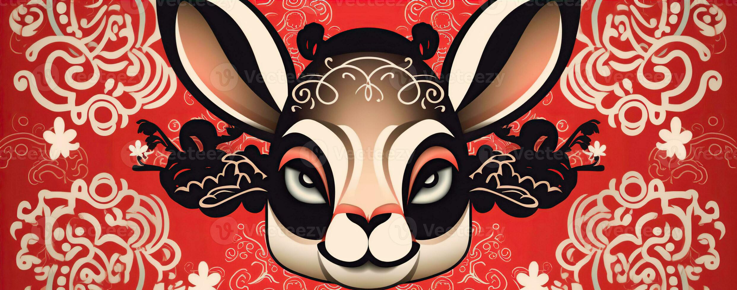 Chinese new year of the rabbit on red colours. Created with Generative AI photo
