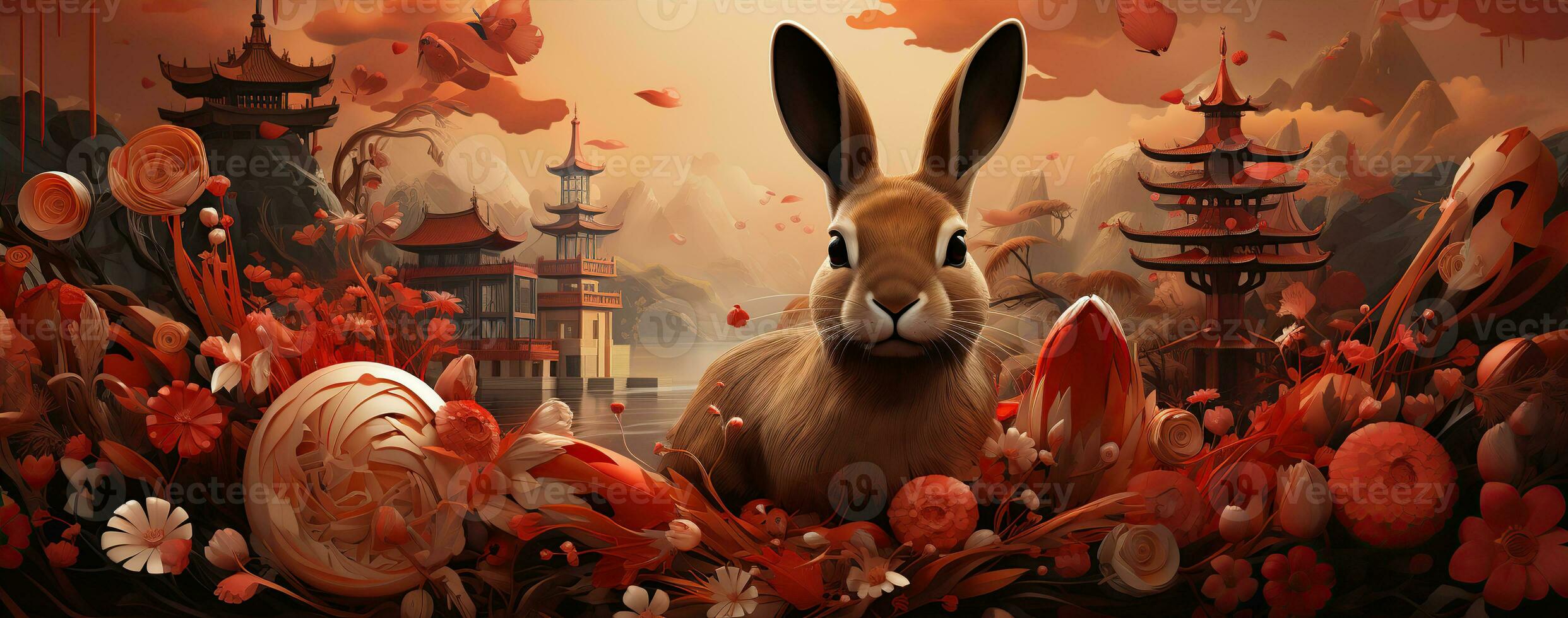Chinese new year of the rabbit on red colours. Created with Generative AI photo