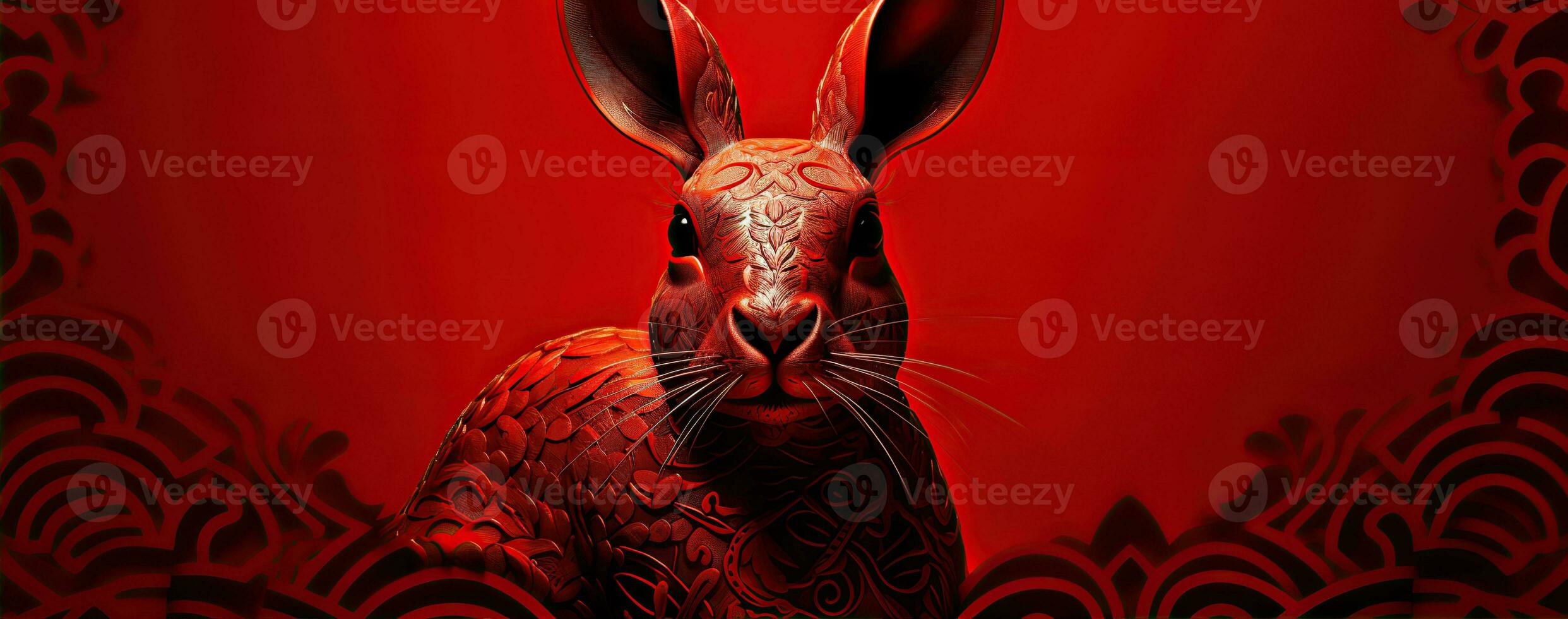 Chinese new year of the rabbit on red colours. Created with Generative AI photo