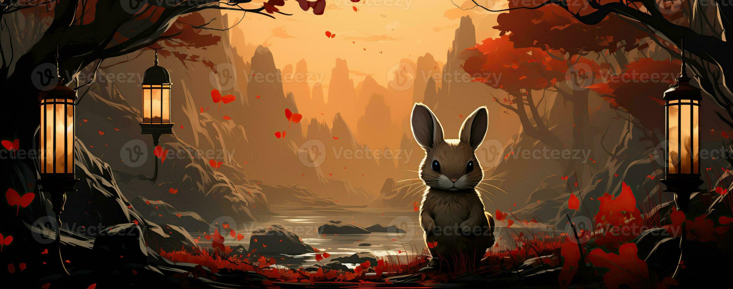 Chinese new year of the rabbit on red colours. Created with Generative AI photo