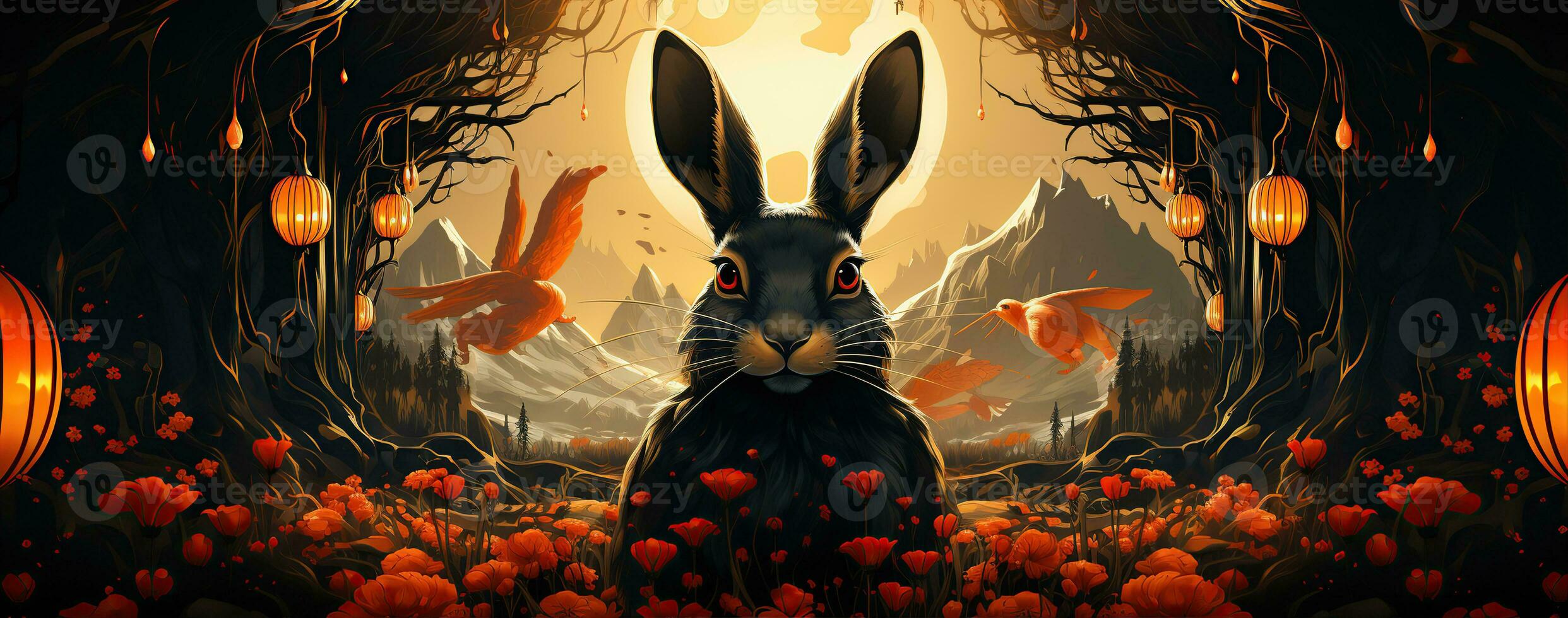 Chinese new year of the rabbit on red colours. Created with Generative AI photo