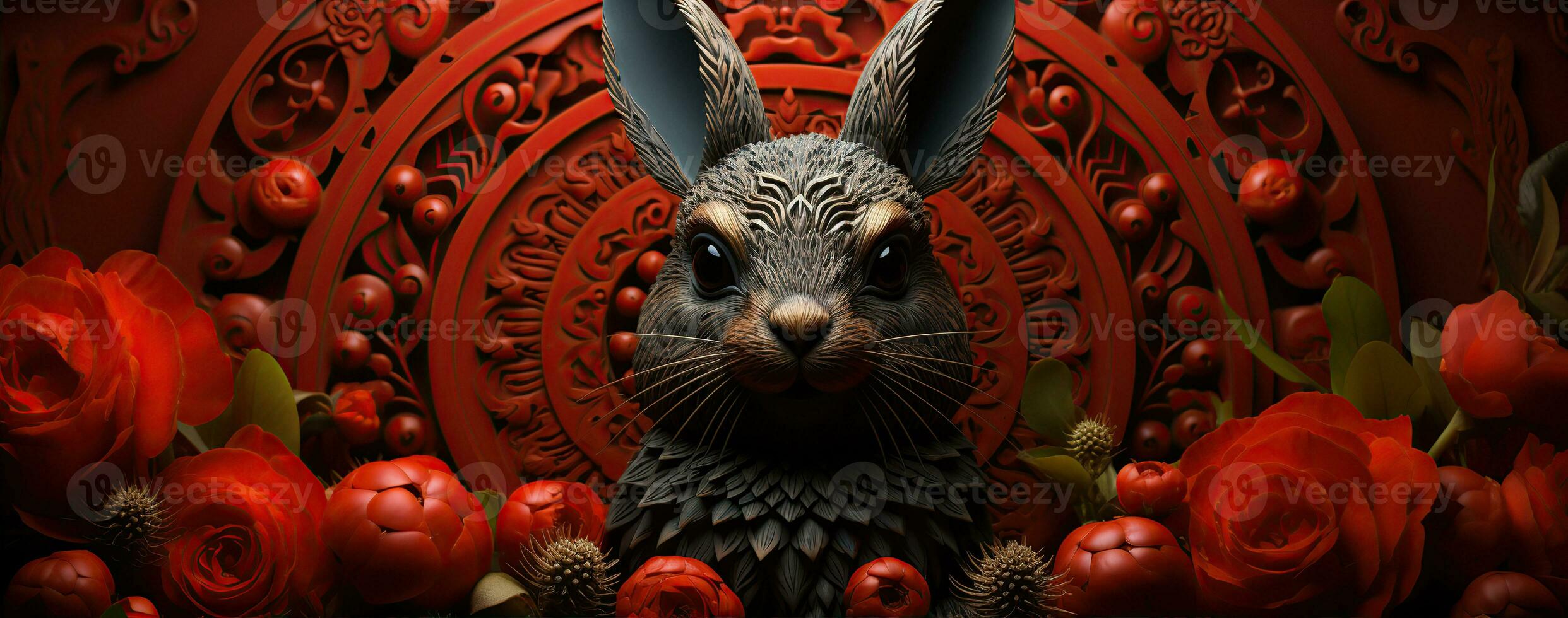 Chinese new year of the rabbit on red colours. Created with Generative AI photo
