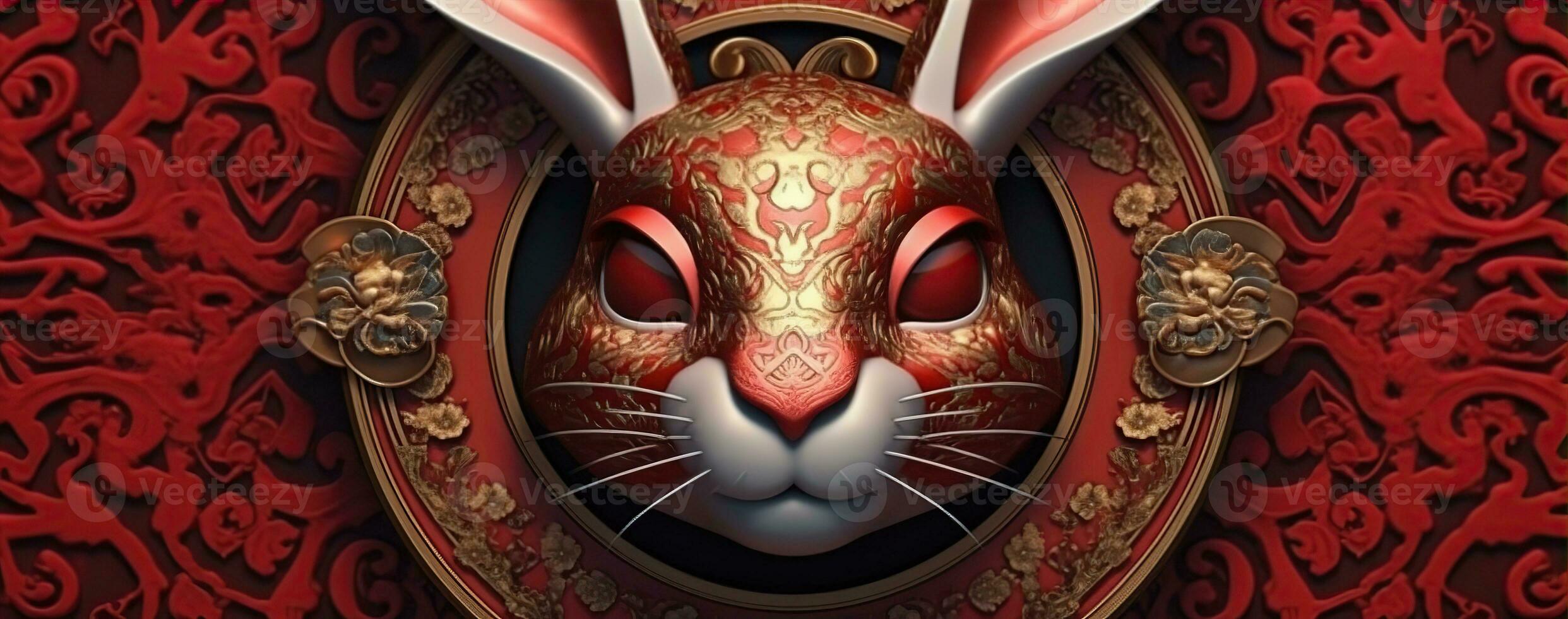 Chinese new year of the rabbit on red colours. Created with Generative AI photo