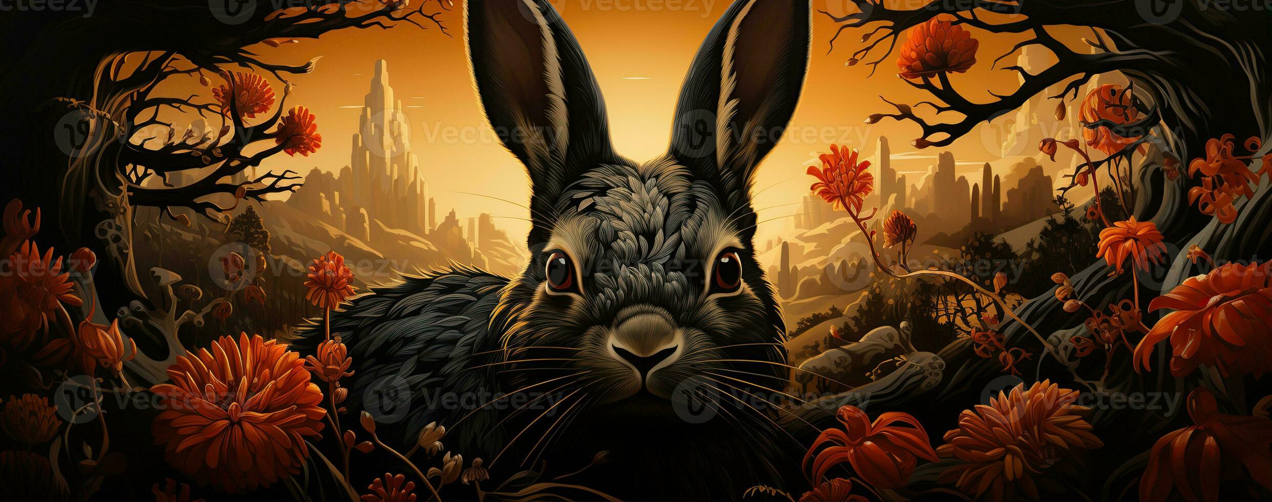 Chinese new year of the rabbit on red colours. Created with Generative AI photo