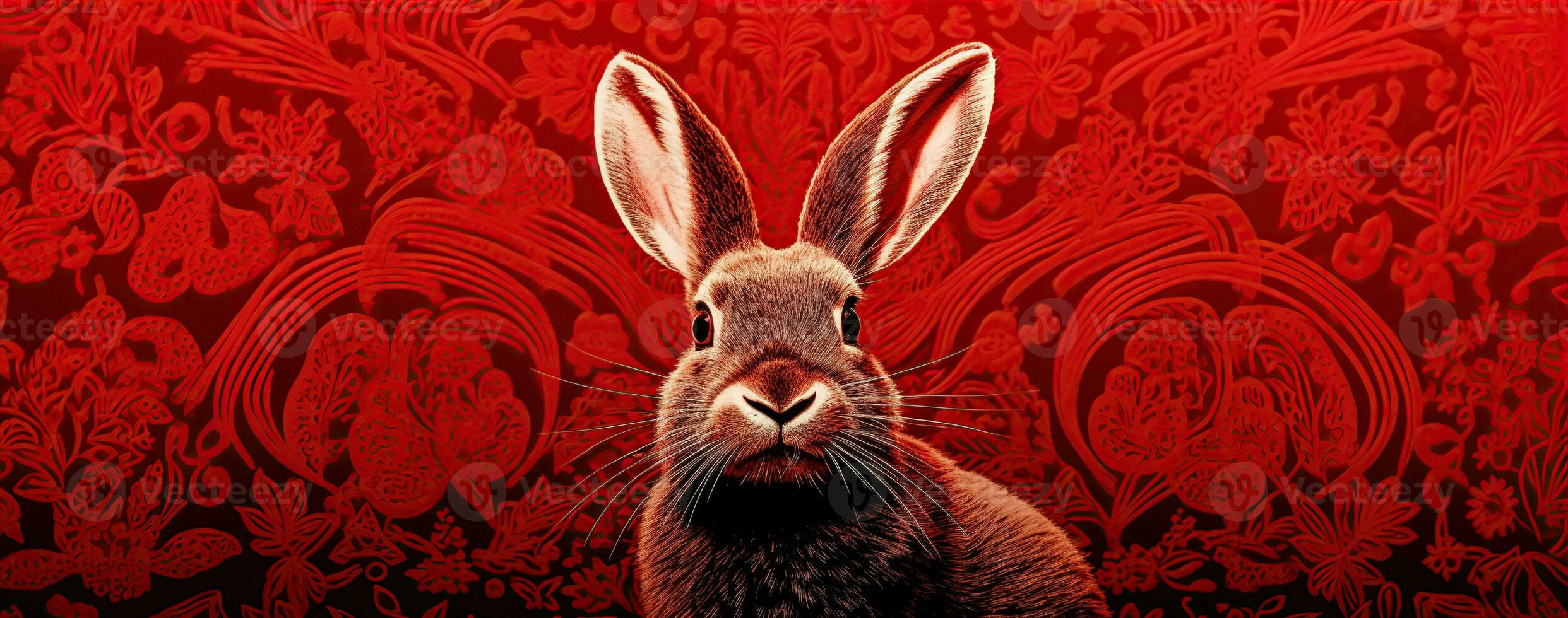 Chinese new year of the rabbit on red colours. Created with Generative AI photo