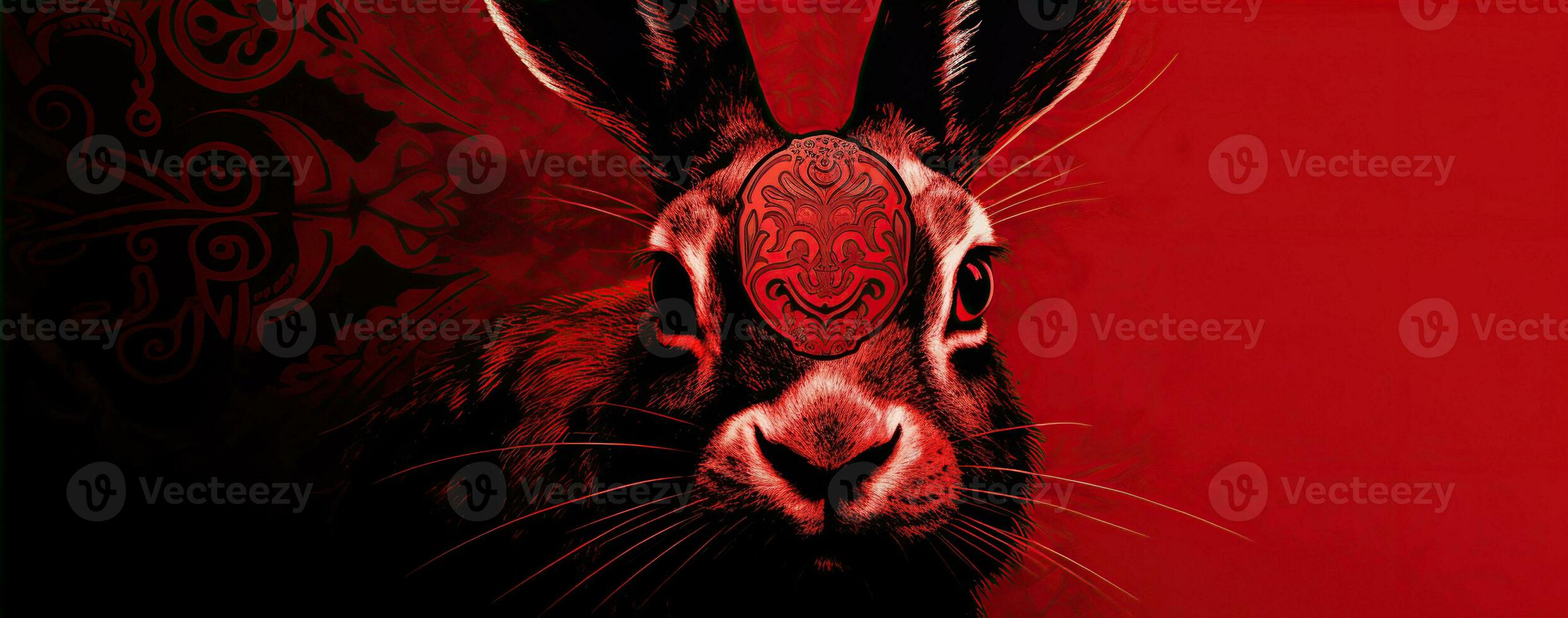 Chinese new year of the rabbit on red colours. Created with Generative AI photo