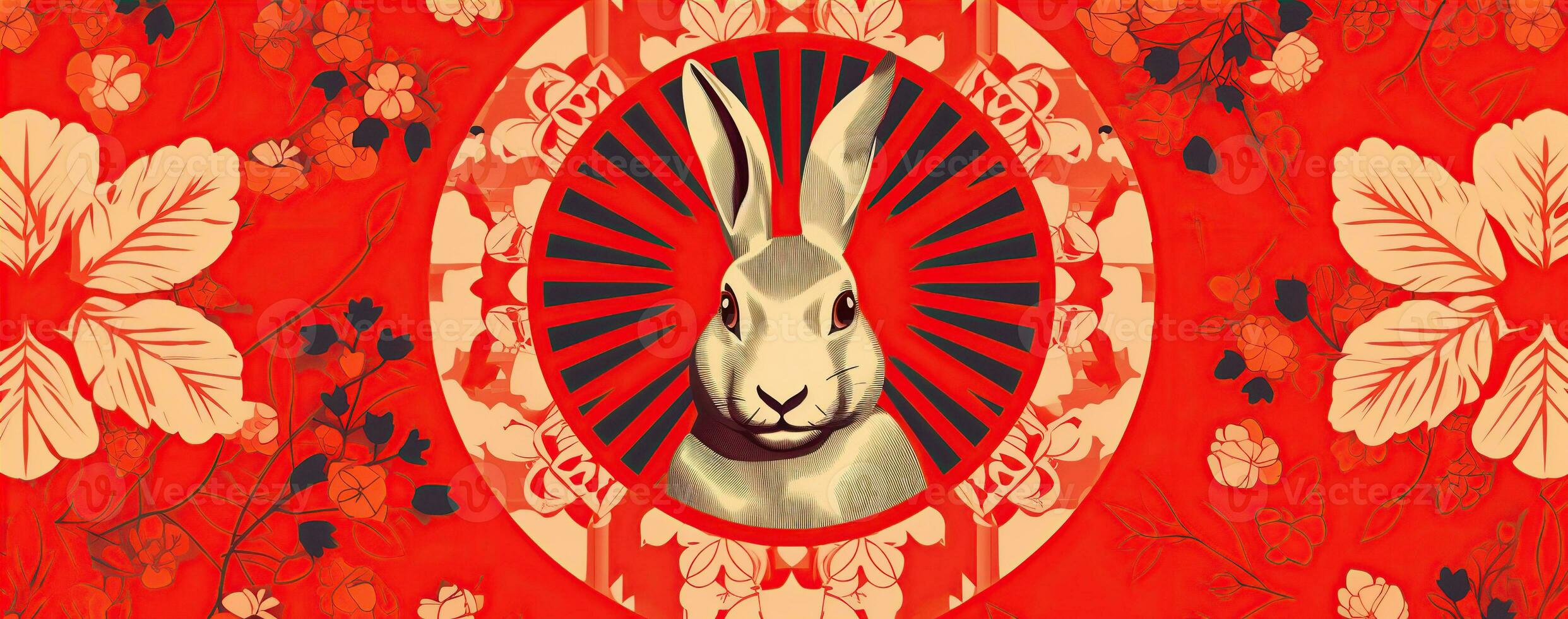 Chinese new year of the rabbit on red colours. Created with Generative AI photo