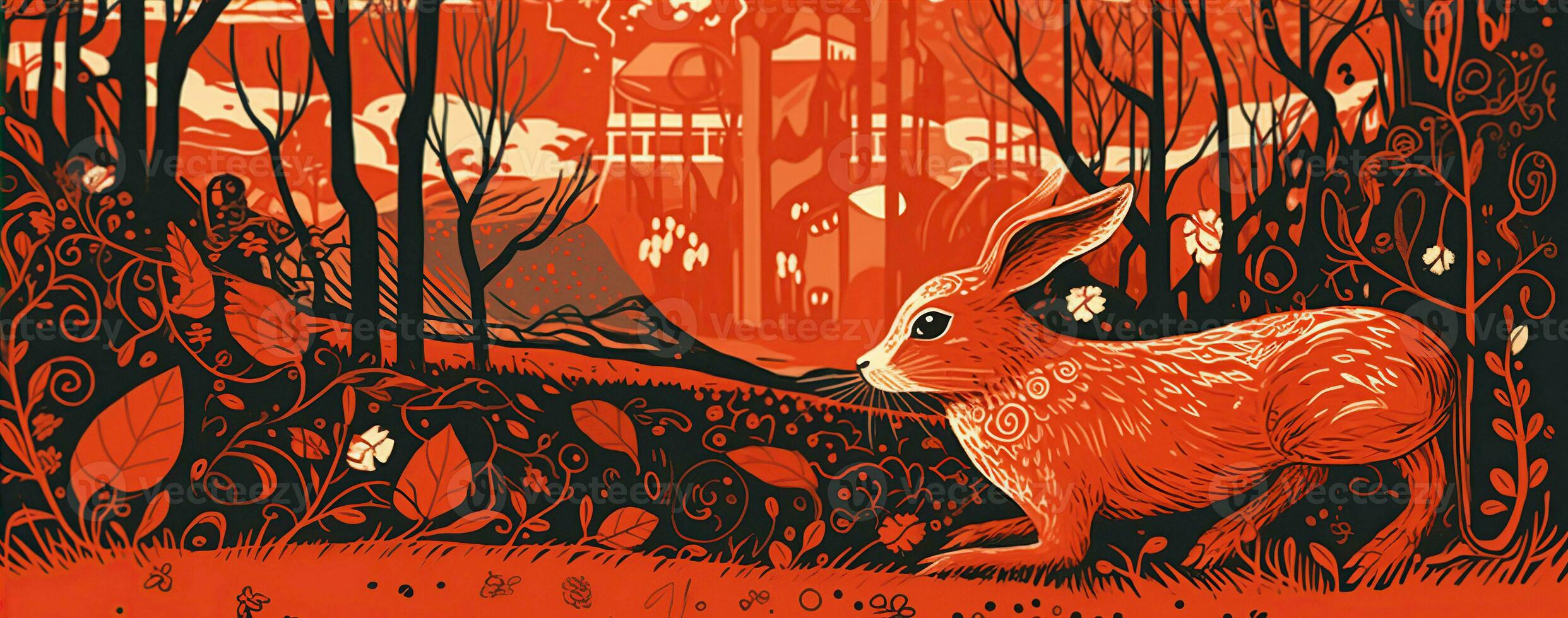 Chinese new year of the rabbit on red colours. Created with Generative AI photo
