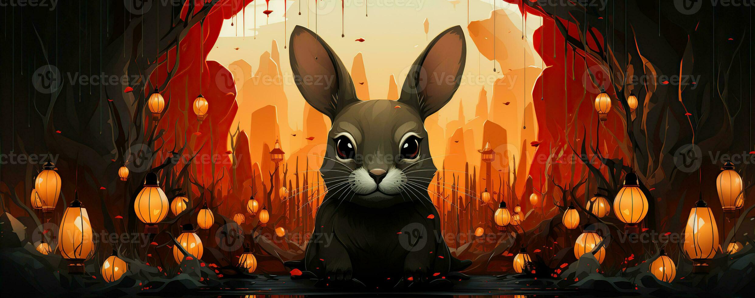 Chinese new year of the rabbit on red colours. Created with Generative AI photo
