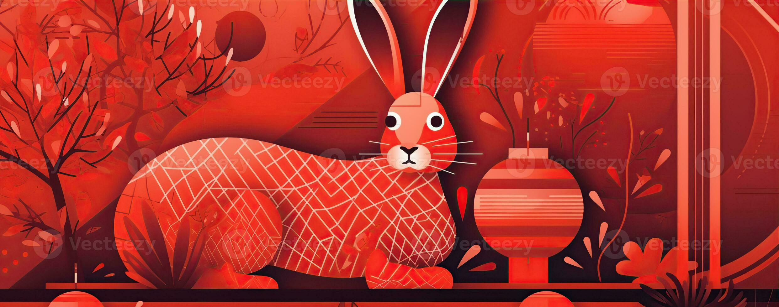 Chinese new year of the rabbit on red colours. Created with Generative AI photo