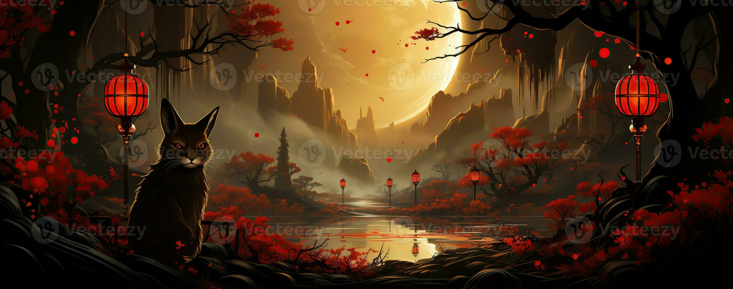 Chinese new year of the rabbit on red colours. Created with Generative AI photo