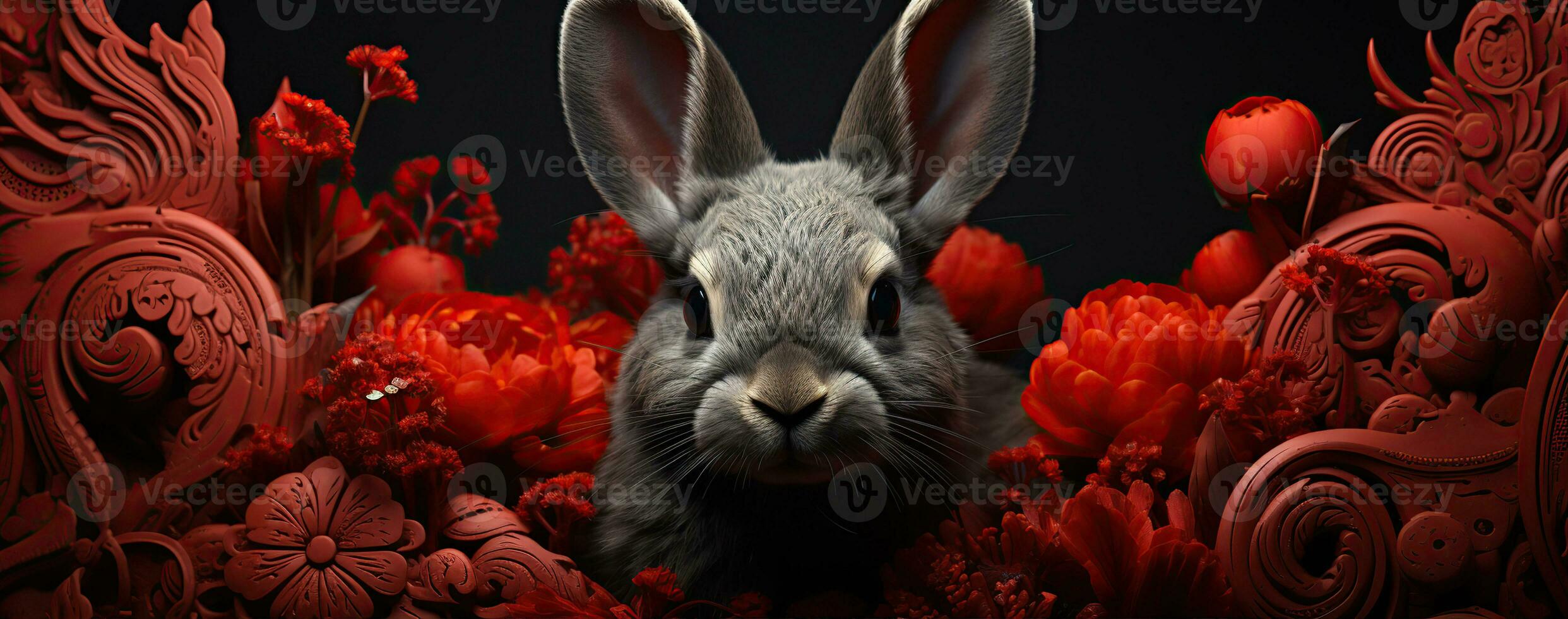 Chinese new year of the rabbit on red colours. Created with Generative AI photo
