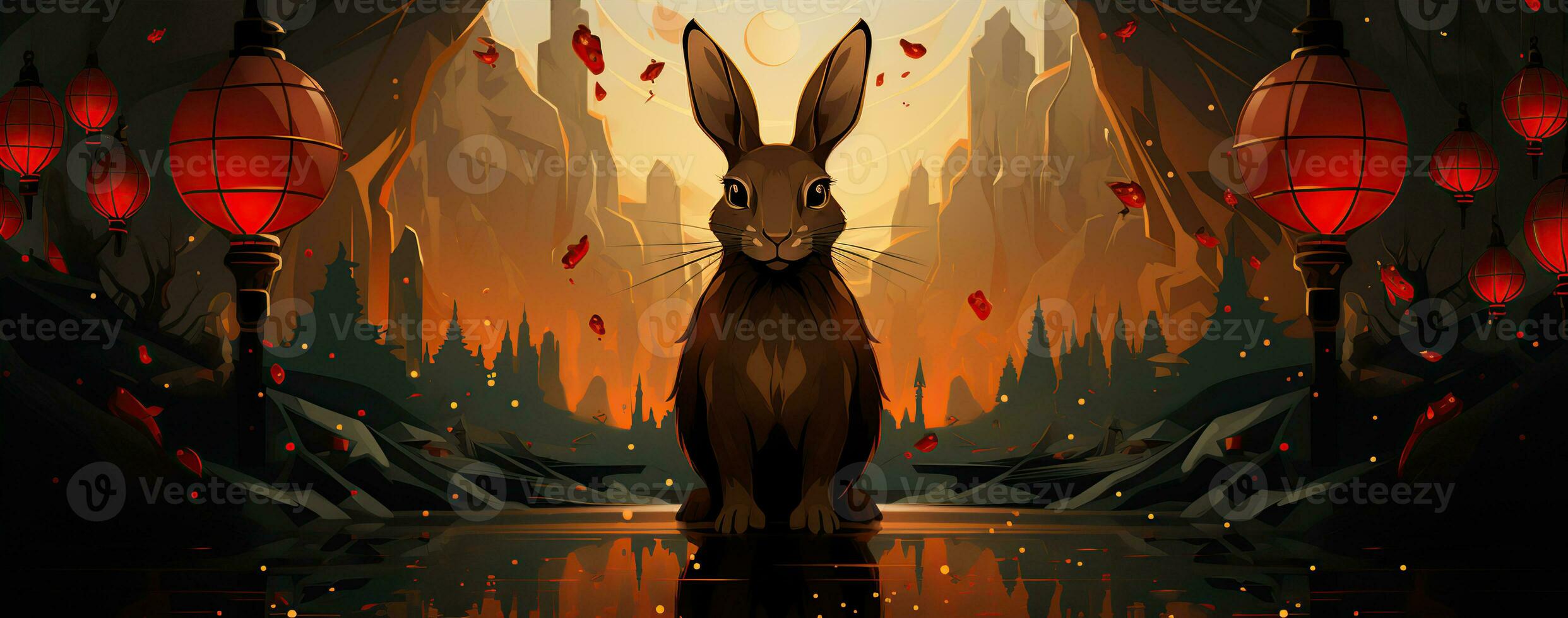 Chinese new year of the rabbit on red colours. Created with Generative AI photo