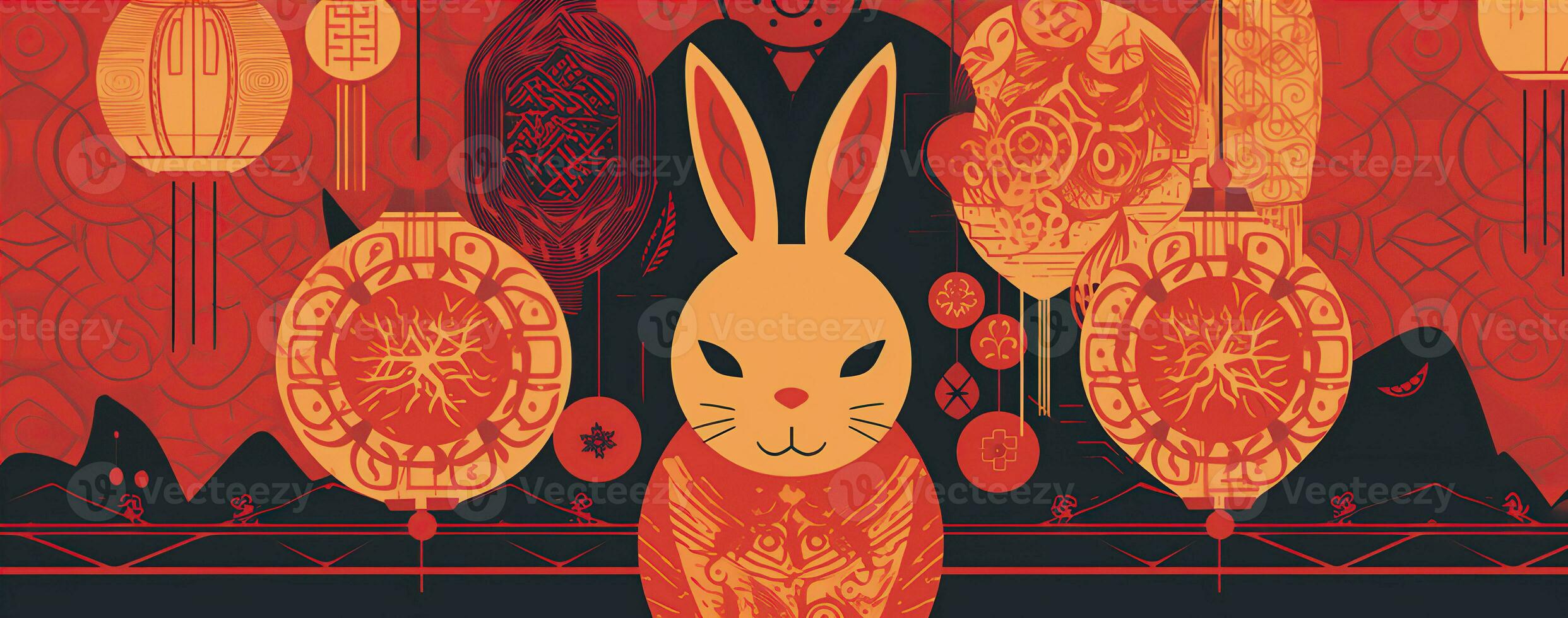 Chinese new year of the rabbit on red colours. Created with Generative AI photo