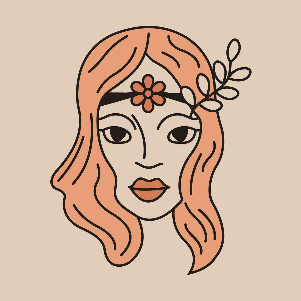 mujer cara en boho línea Arte estilo vector