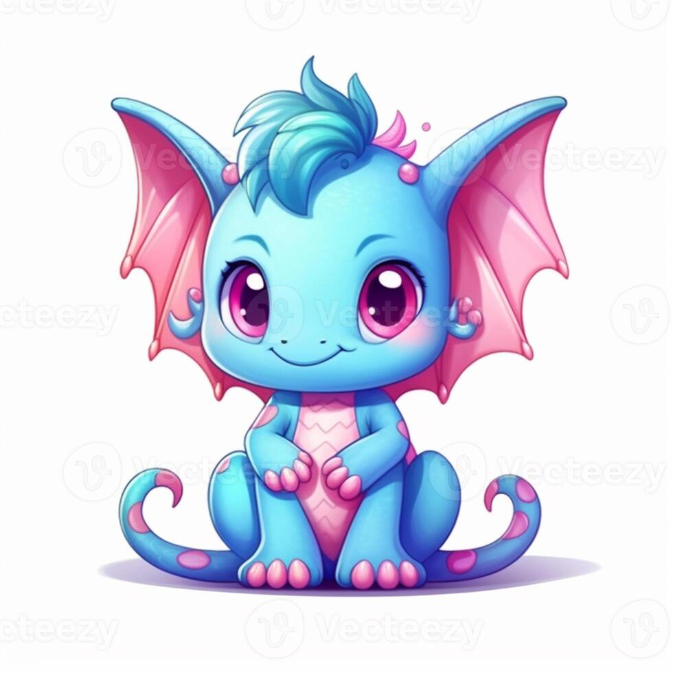 cartoon blue dragon with pink wings sitting on the ground. generative ...