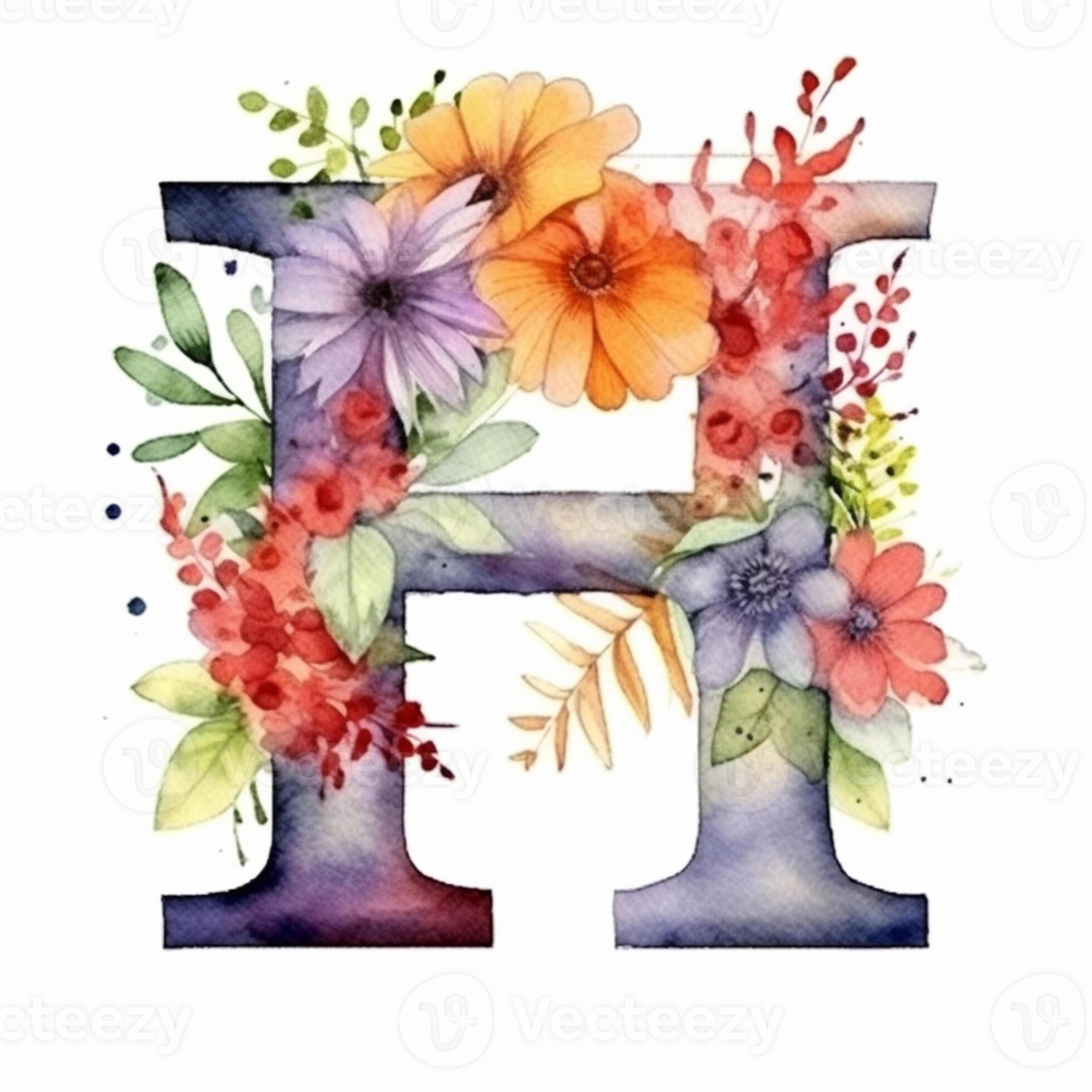 there is a watercolor painting of a letter h with flowers. generative