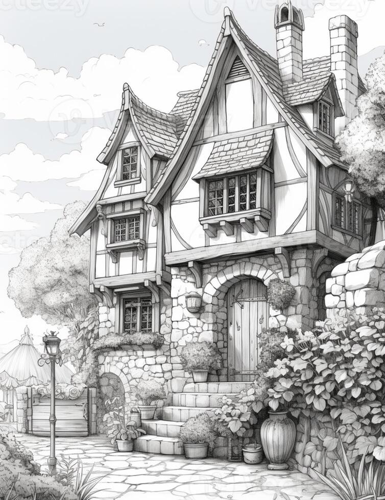 drawing of a house with a stone pathway and a stone path. generative ai