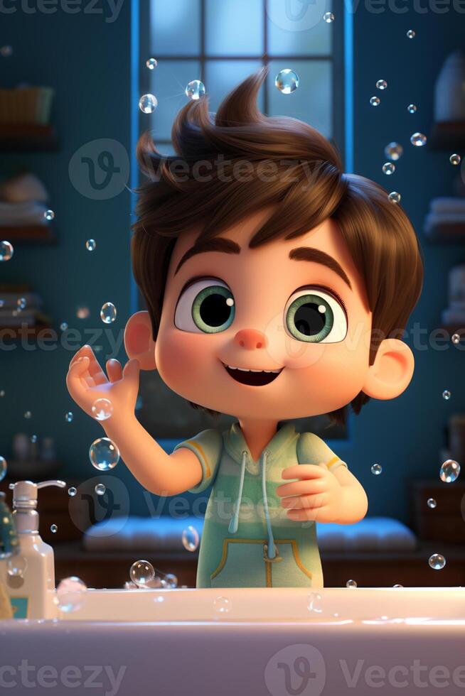 cartoon boy in bathroom with soap bubbles coming out of his mouth