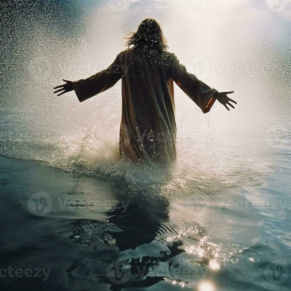 arafa persona en un túnica vadear en el agua con su brazos extendido. generativo ai. foto