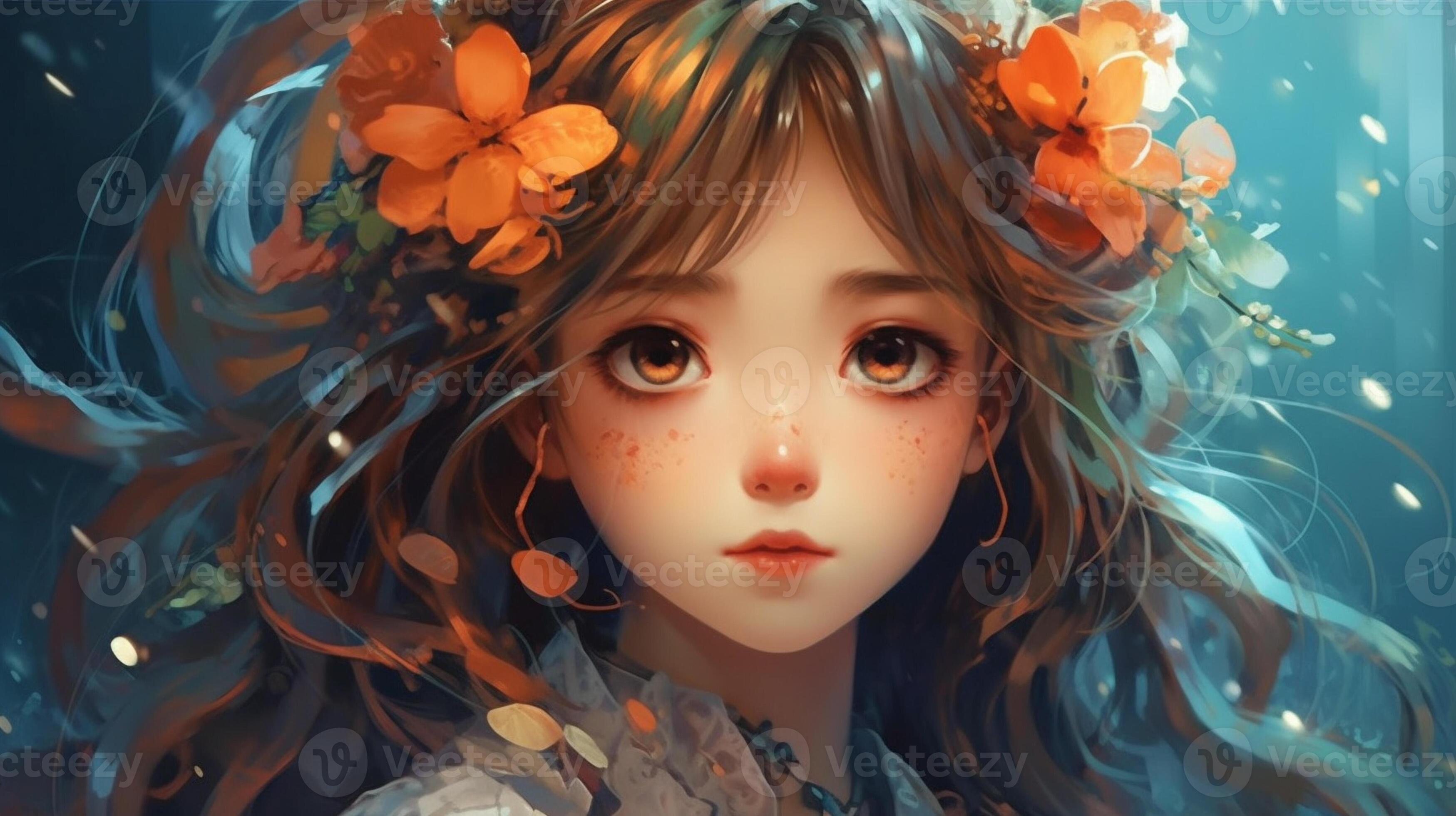 Portrait of an anime girl against a background of flowers. Anime