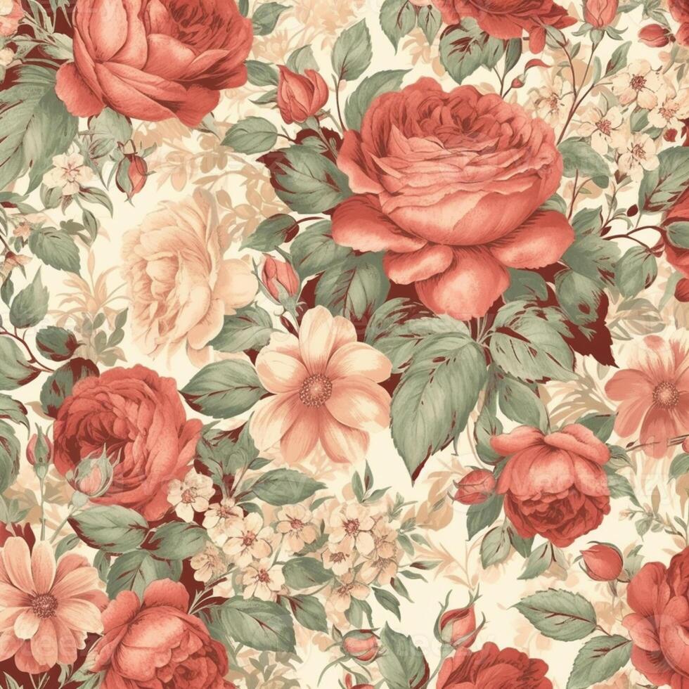 a close up of a floral wallpaper with red roses. generative ai