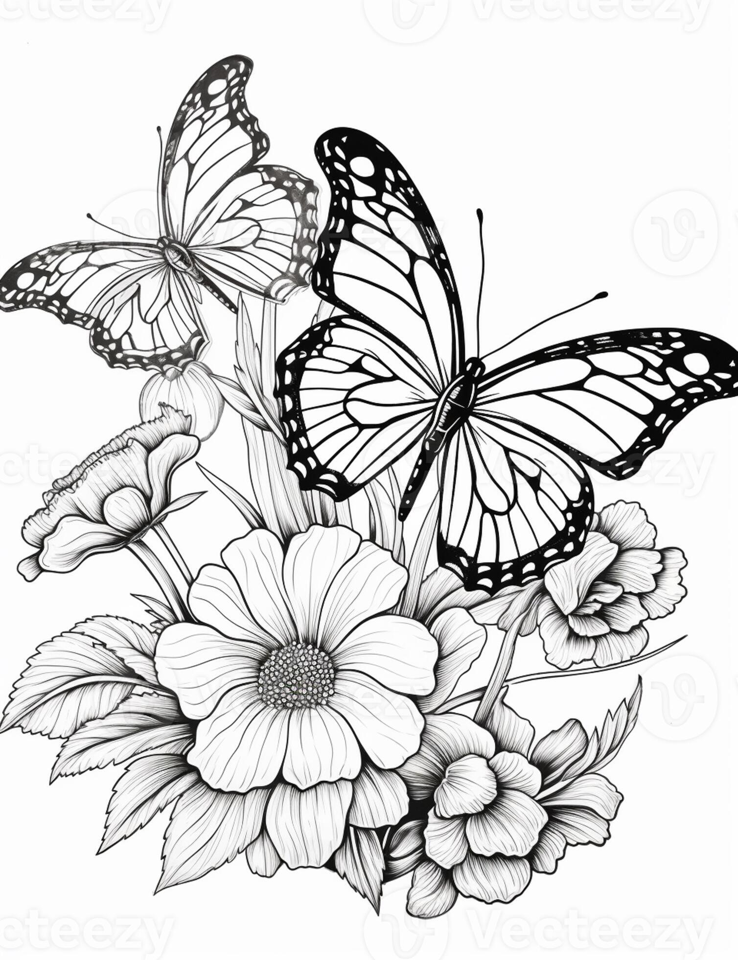 A Drawing Of A Butterfly And Flowers With A White Background a-drawing-of-a-butterfly-and-flowers-with-a-white-background