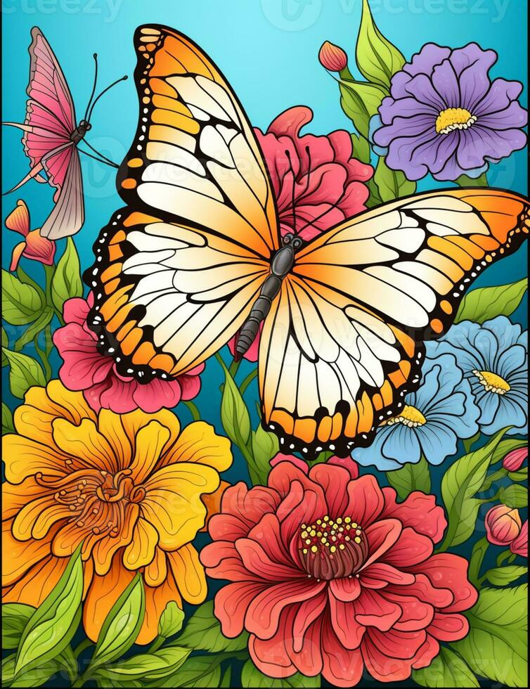 butterfly and flowers coloring page for adults. generative ai. 28512757 ...