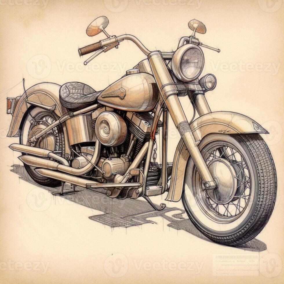 drawing of a motorcycle with a side view of the front wheel. generative