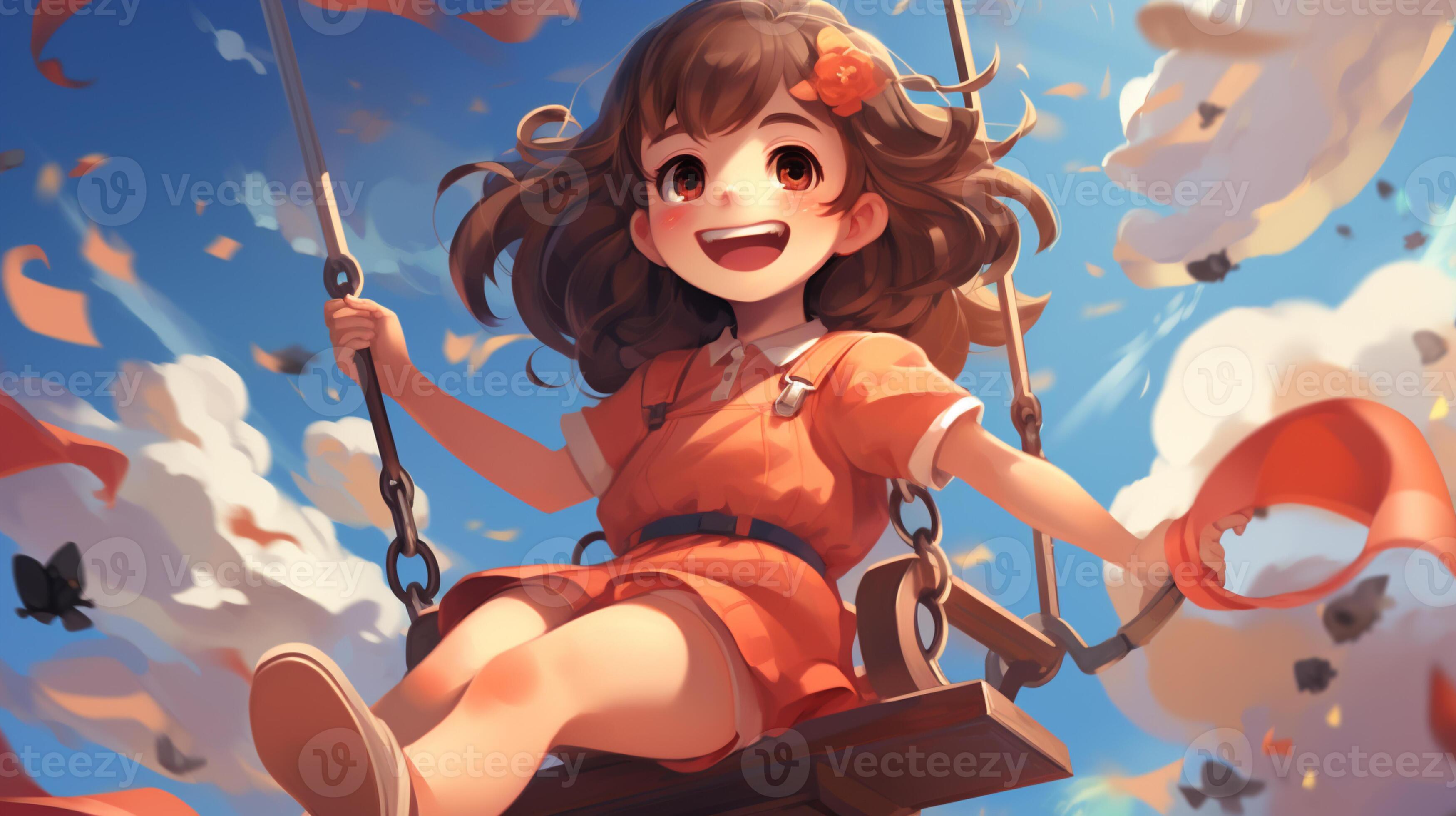 anime girl swinging on a swing with a lot of birds flying around.  generative ai. 28514016 Stock Photo at Vecteezy