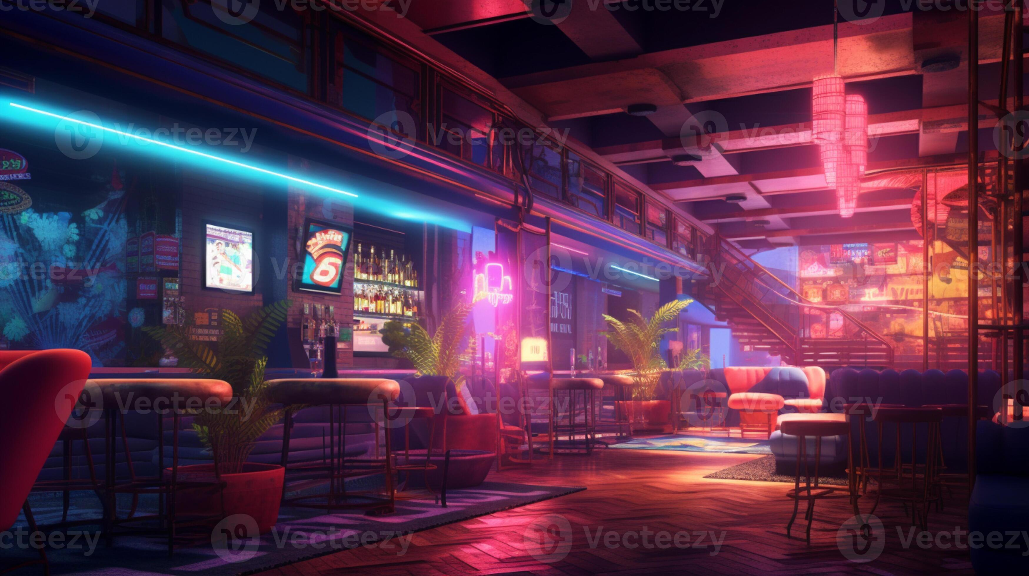 brightly lit bar with neon lights and furniture in a dimly lit room