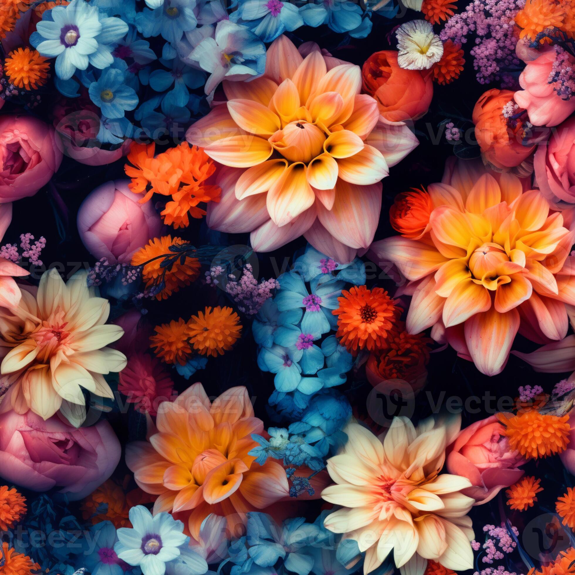 there are many different colored flowers in a bunch together