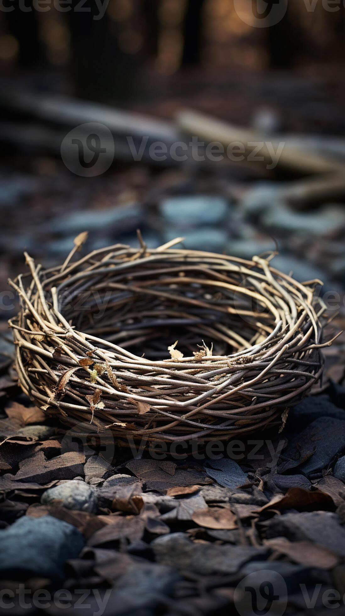 there is a bird nest on the ground with leaves on the ground. generative ai. 28517387 Stock