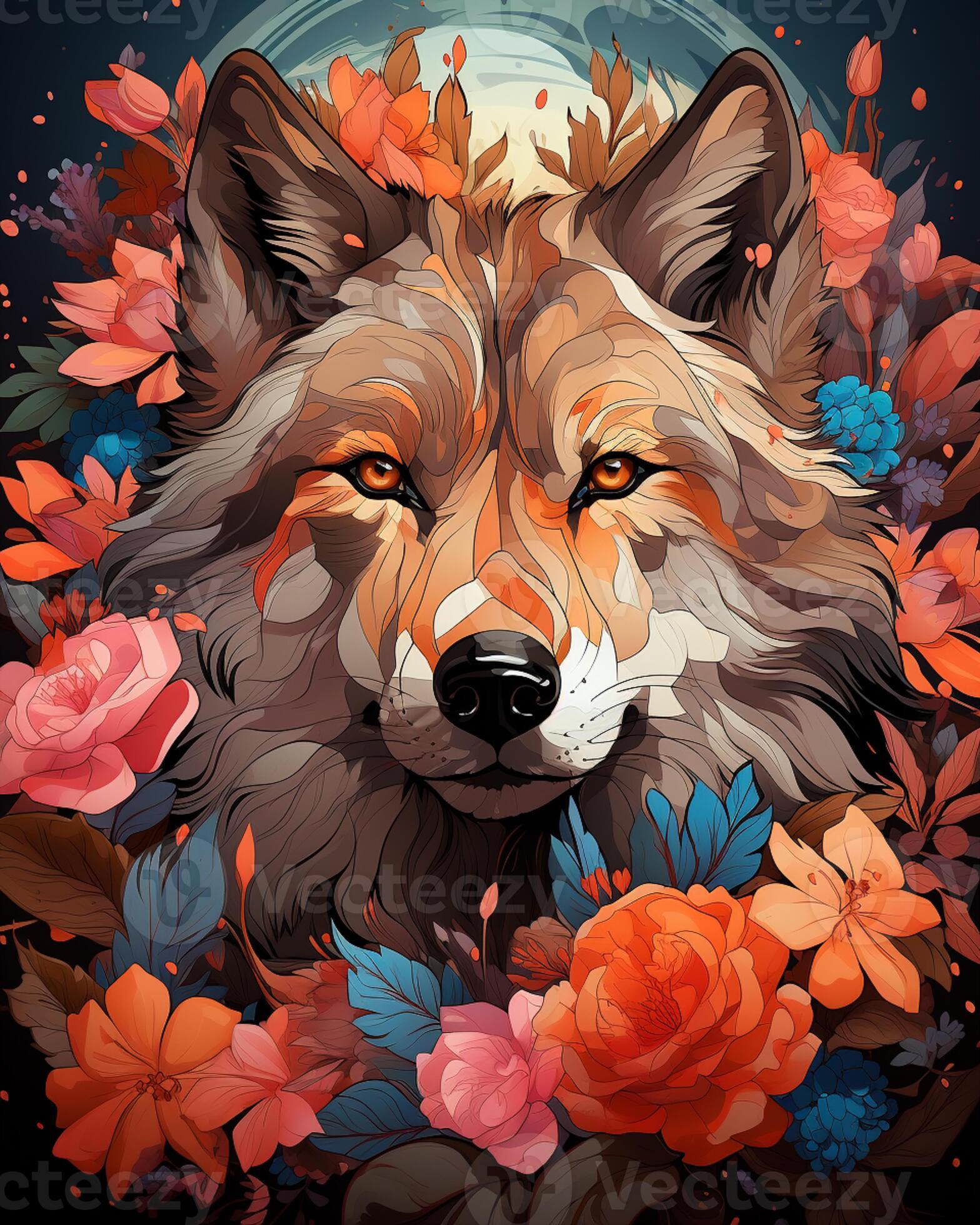 Premium AI Image  anime wolf in a field of flowers with a full moon in the  background generative ai