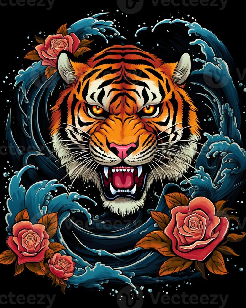 tiger with roses and waves tattoo design. generative ai. 28519663 Stock ...