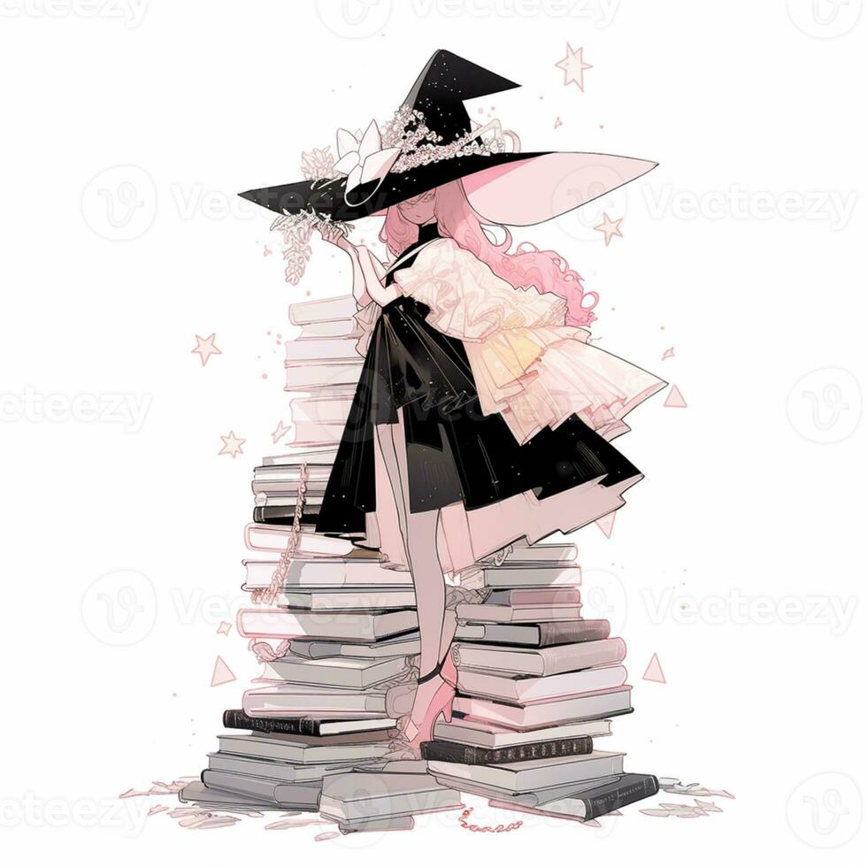 https://static.vecteezy.com/system/resources/previews/028/520/018/non_2x/there-is-a-woman-in-a-black-hat-and-dress-standing-on-a-stack-of-books-generative-ai-photo.jpg