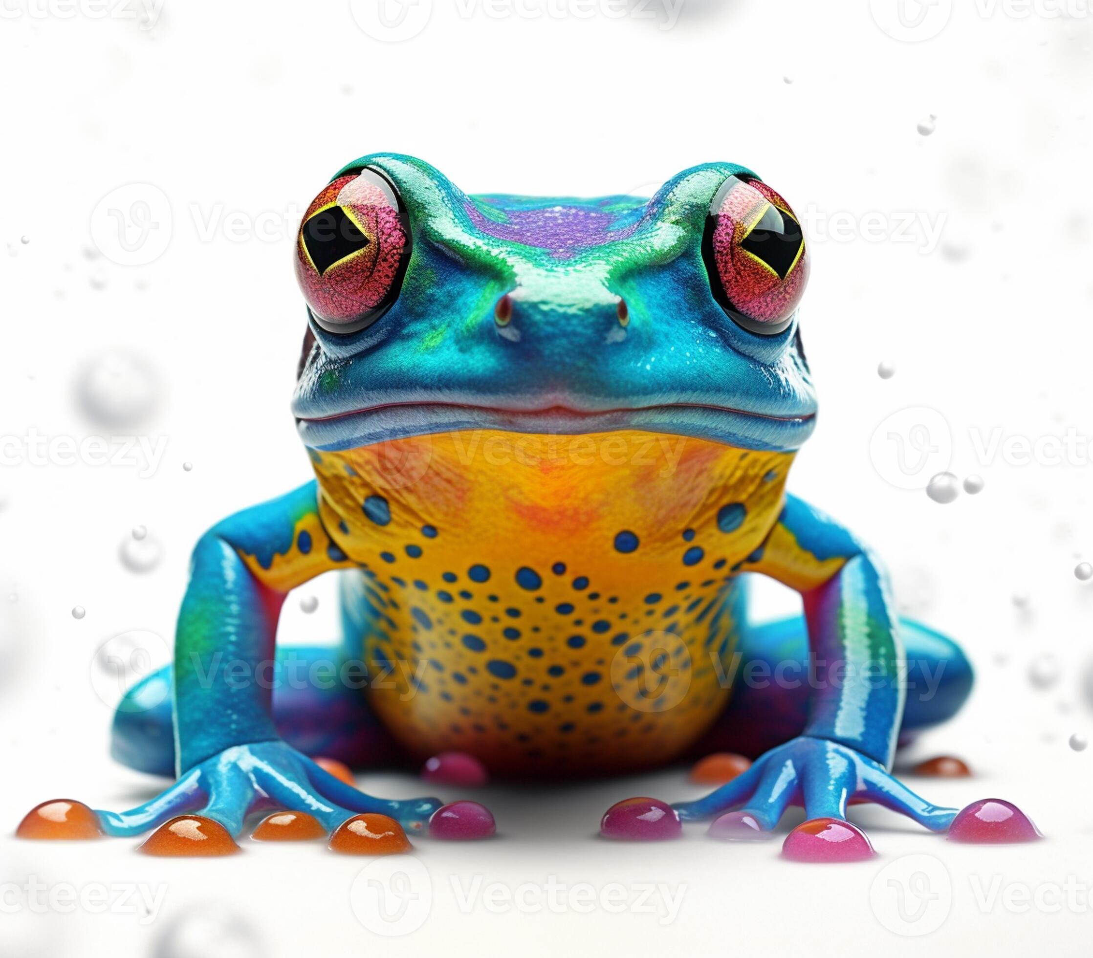 brightly colored frog sitting on a white surface with bubbles in the