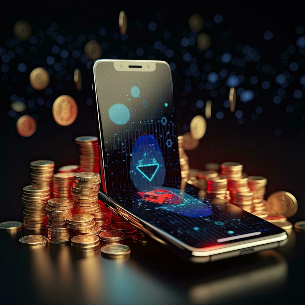 golden coins returning back from dark modern smartphone on light background,3D rendering,copy space.generative ai photo