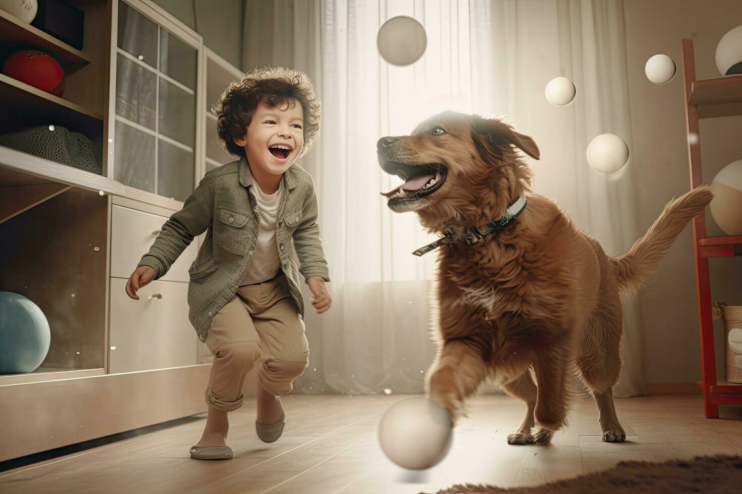 A boy playing football with dog at home. ,generative AI. photo