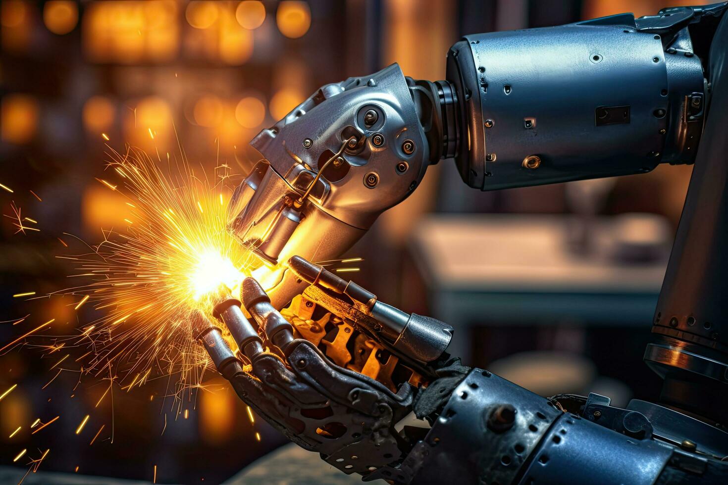 A robot while doing a welding with arc welder ,Generative AI . photo